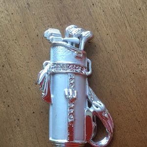 Golf Club Bag Silver with Rhinestones Pin Brooch